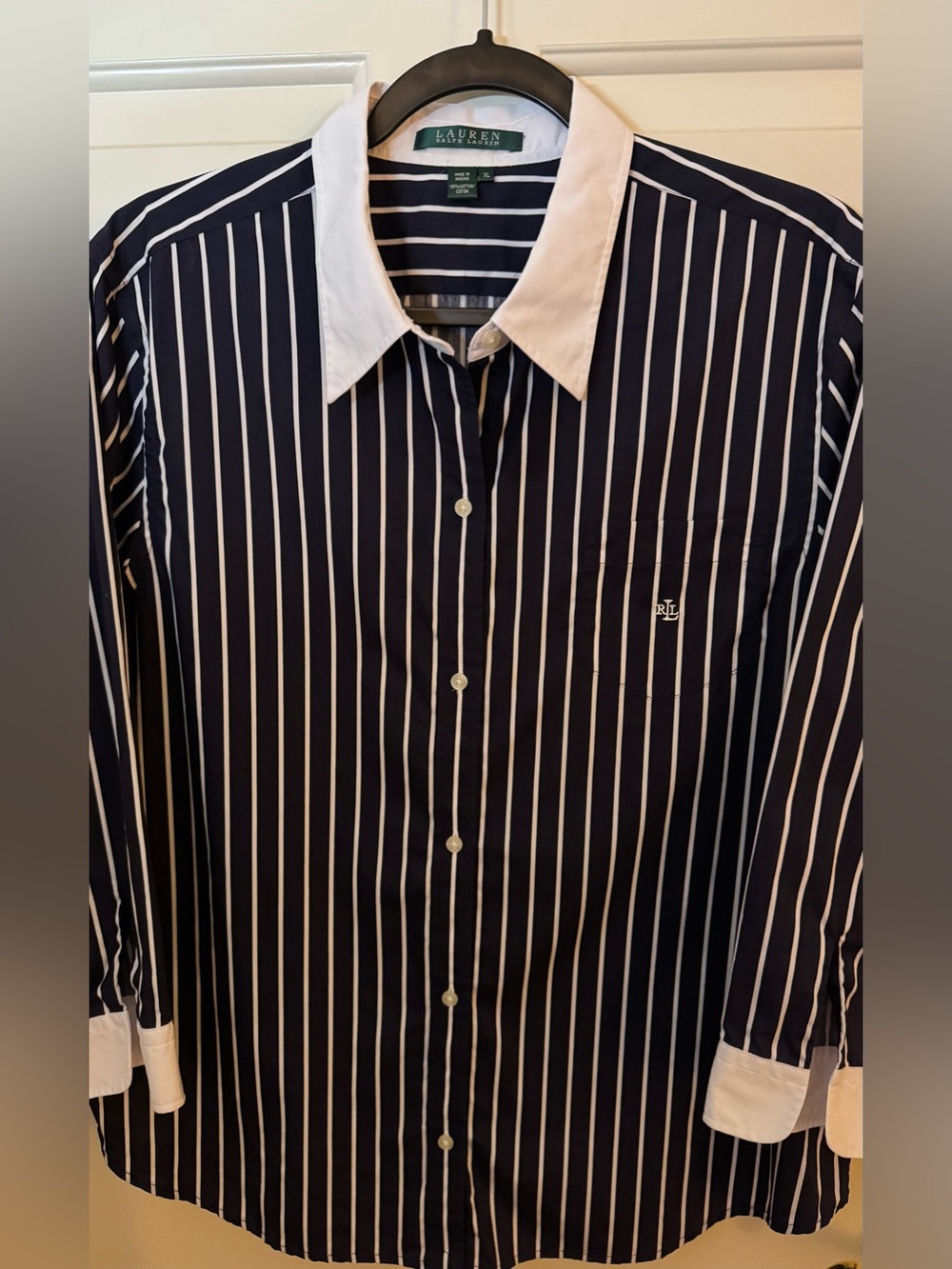 Lauren Ralph Lauren Shirt 100% Cotton Navy and White Stripe 3/4 Sleeves Size -XL